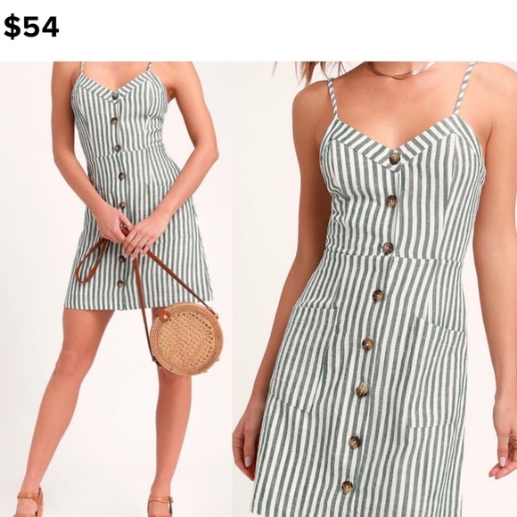🆕 Green and White Striped Button Front Mini Dress - Picture 6 of 6